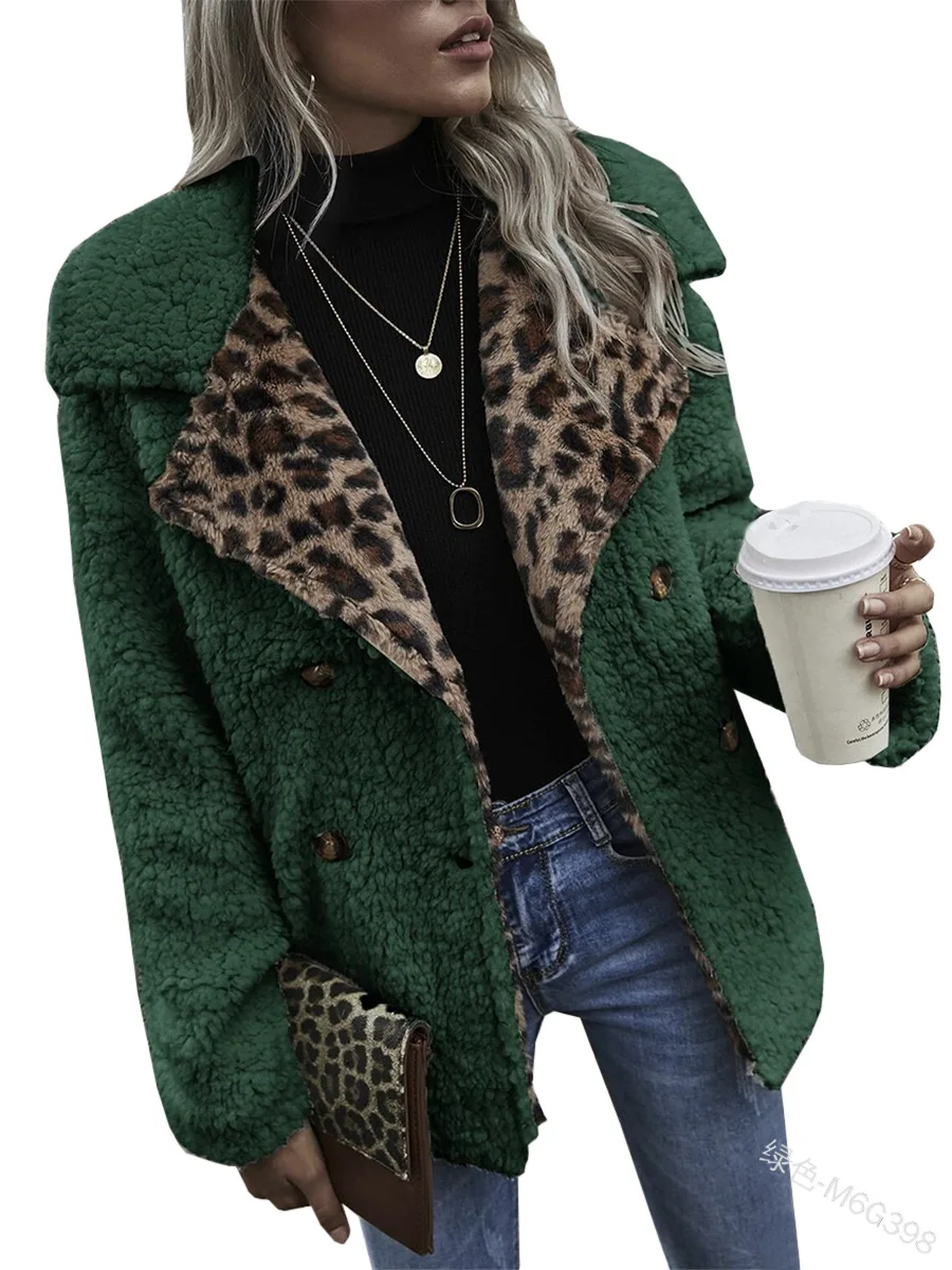 

2023 Autumn Winter Women's Leopard Print Lapel Double Breasted Long-Sleeved Top Fashion Casual Sweater Cardigan Coat