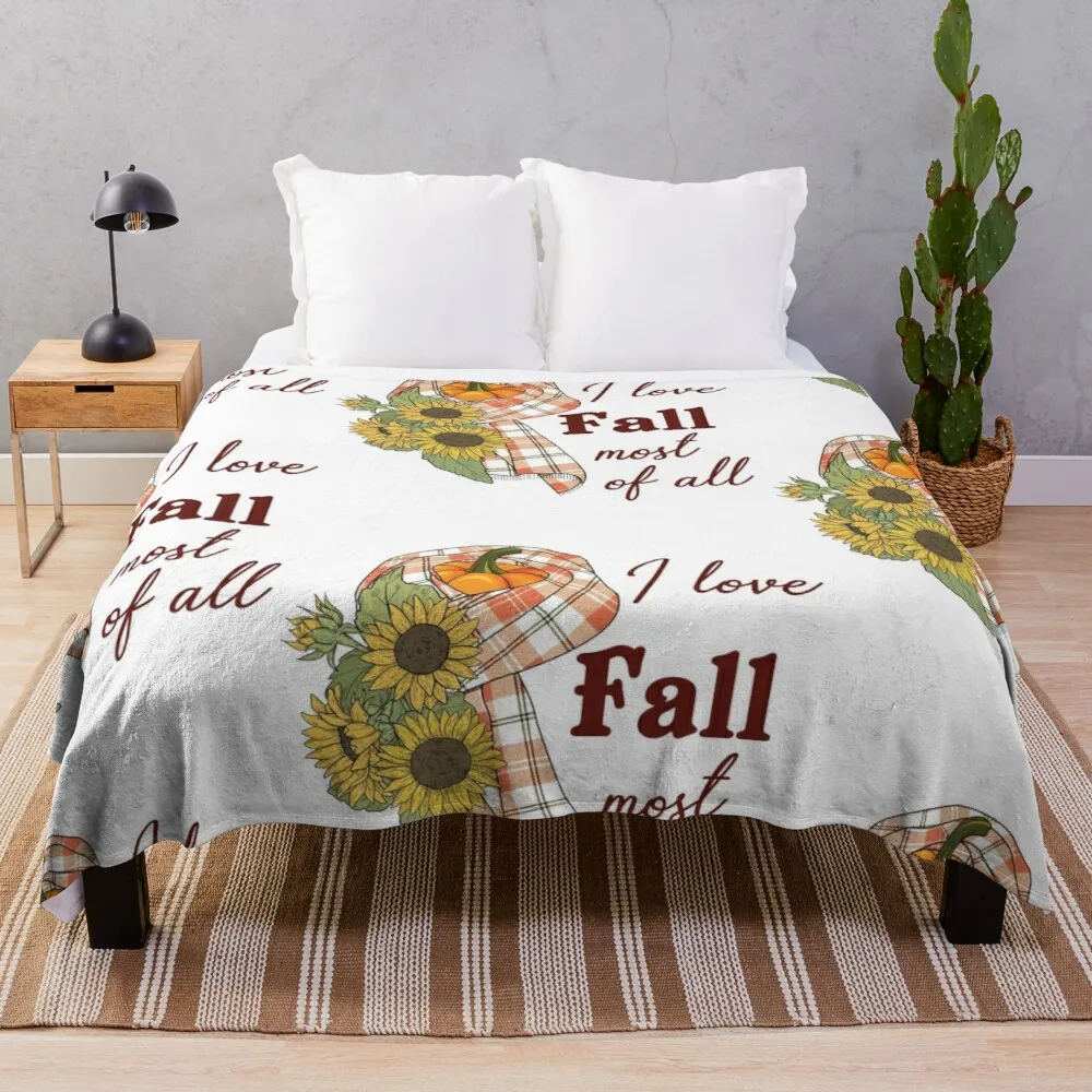 

I Love Fall Most Of All, Retro Vintage Groovy Autumn Pumpkin Sunflowers Design Throw Blanket Sofa Quilt