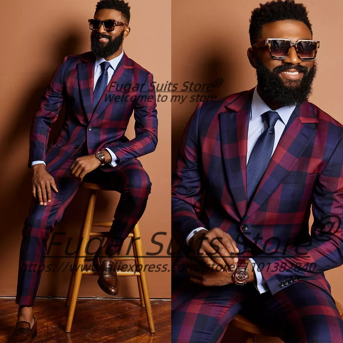 Fashion Plaid Prom Suits For Men Slim Fit Notched Lapel Groom Tuxedos 2 Pieces Sets Male Casual Blazers Handsome Ropa Hombre