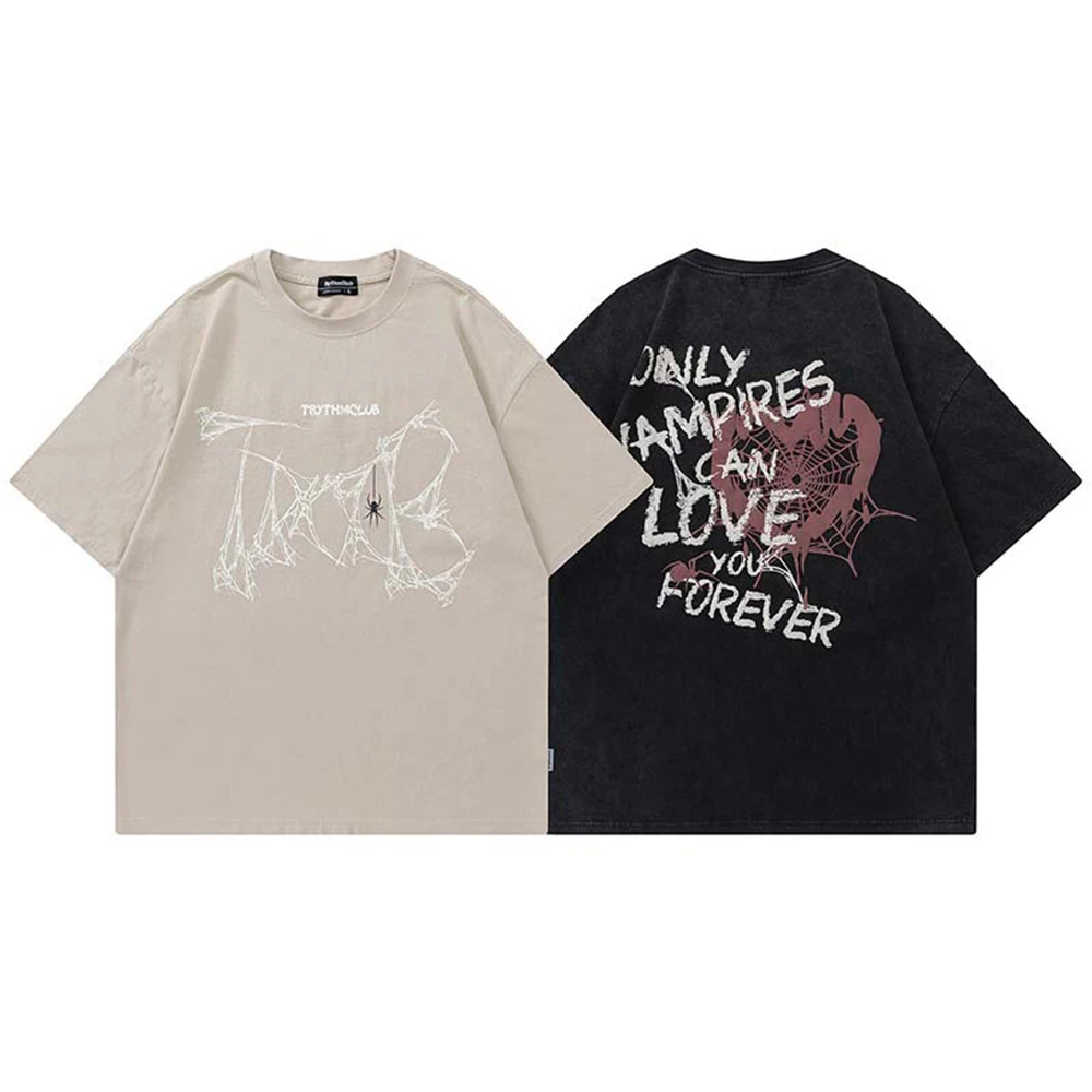 

American Retro Design Letter Spider Print T-shirt Hiphop Trendy Brand Street Y2K2023 Summer New Short-sleeved Top Men's Clothing