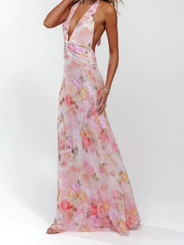 Elegant Floral Print Maxi Dress Sleeveless Halter Neckline with Open Back Women s Summer Party Gown 2