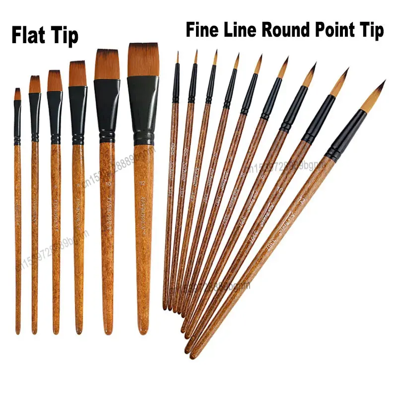 #2 #4 #6 #8 #10 #12 Flat & Fine Line Round Point Tip Nylon Hair Art Painting Brush Pen For Acrylic Oil Watercolor Drawing Supply