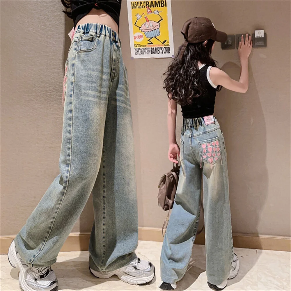 24006 자수 와이드 레그 팬츠, 패셔너블한 어린이 청바지, 여아 데님 청바지, 루즈한 캐주얼 바지
