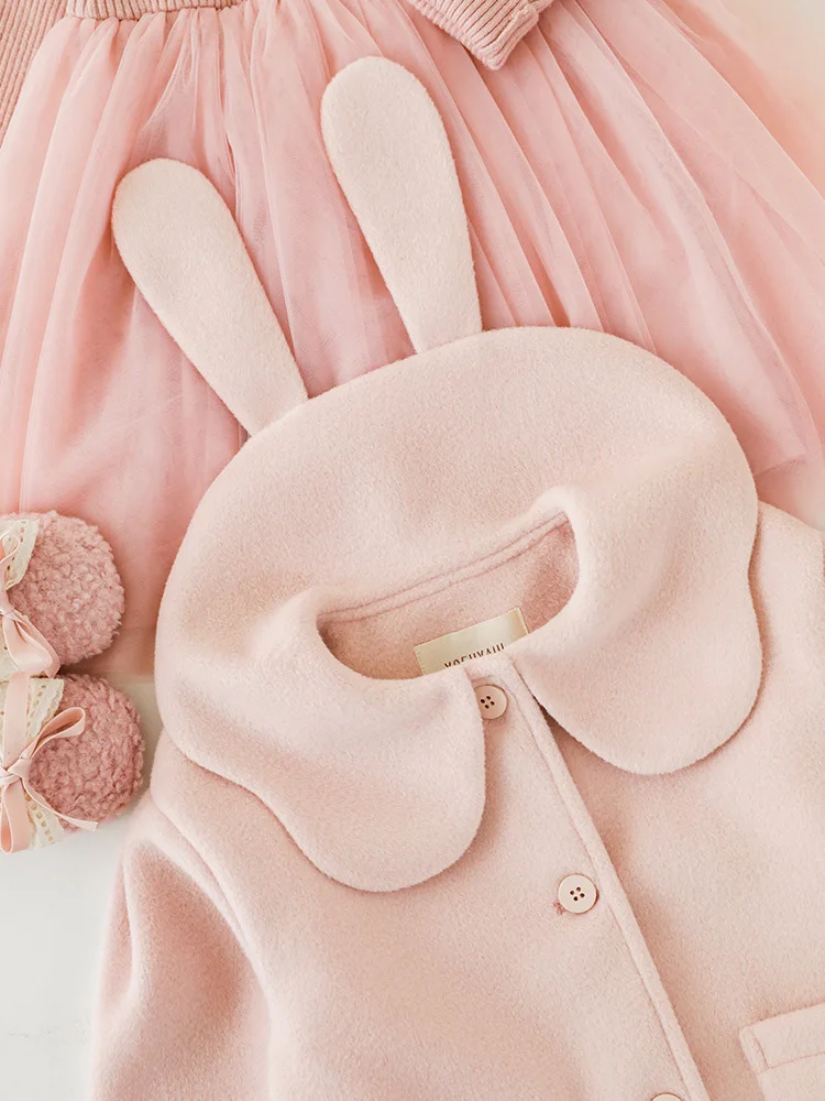 Baby Girls Lapel Cute Big Ears Solid Color Woolen Coat 2023 Autumn Winter Casual Cardigan Long-Sleeved Children's Wool Clothes