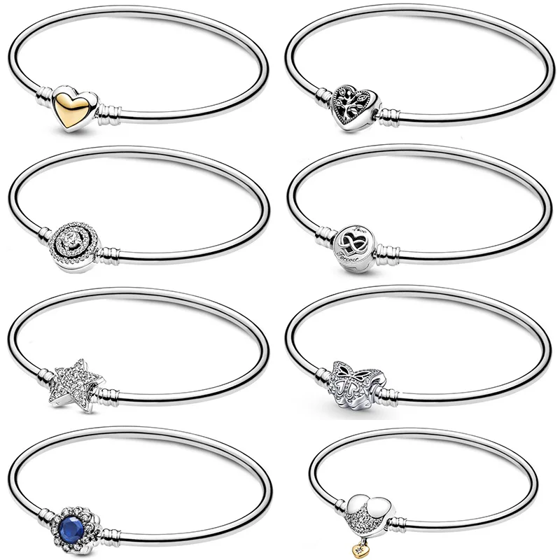 

925 Sterling Silver Bangle Charms Princess Moments Heart Infinity Clasp Snake Chain Basic Bracelet For Women Diy Jewelry Gift