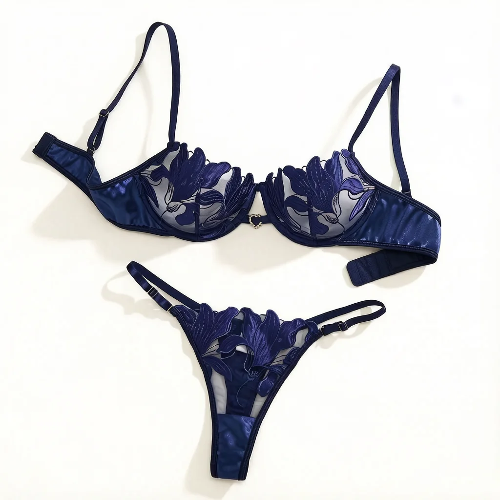 Ensemble de lingerie en dentelle brodée florale de style français bleu, soutien-gorge sexy et doux avec bonnets en acier, pour la Saint-Valentin ZA8240 1