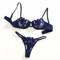 Ensemble de lingerie en dentelle brodée florale de style français bleu, soutien-gorge sexy et doux avec bonnets en acier, pour la Saint-Valentin ZA8240 1