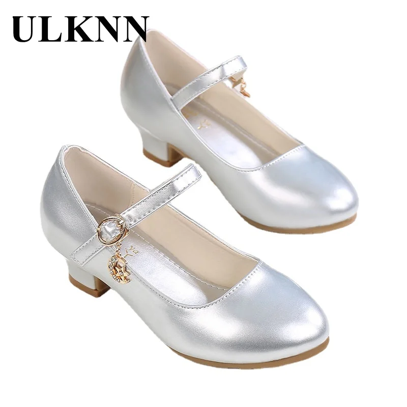 Girl's Leather Shoes Princess Silver Shoe for Girls Sandals High Heel Glitter Shiny Rhinestone Enfants Party Shoes