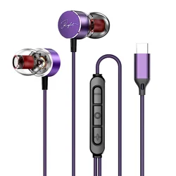 USB - C Wired HiFi Bass Stereo In - Ear Headphones with Microphone (Purple Type c)