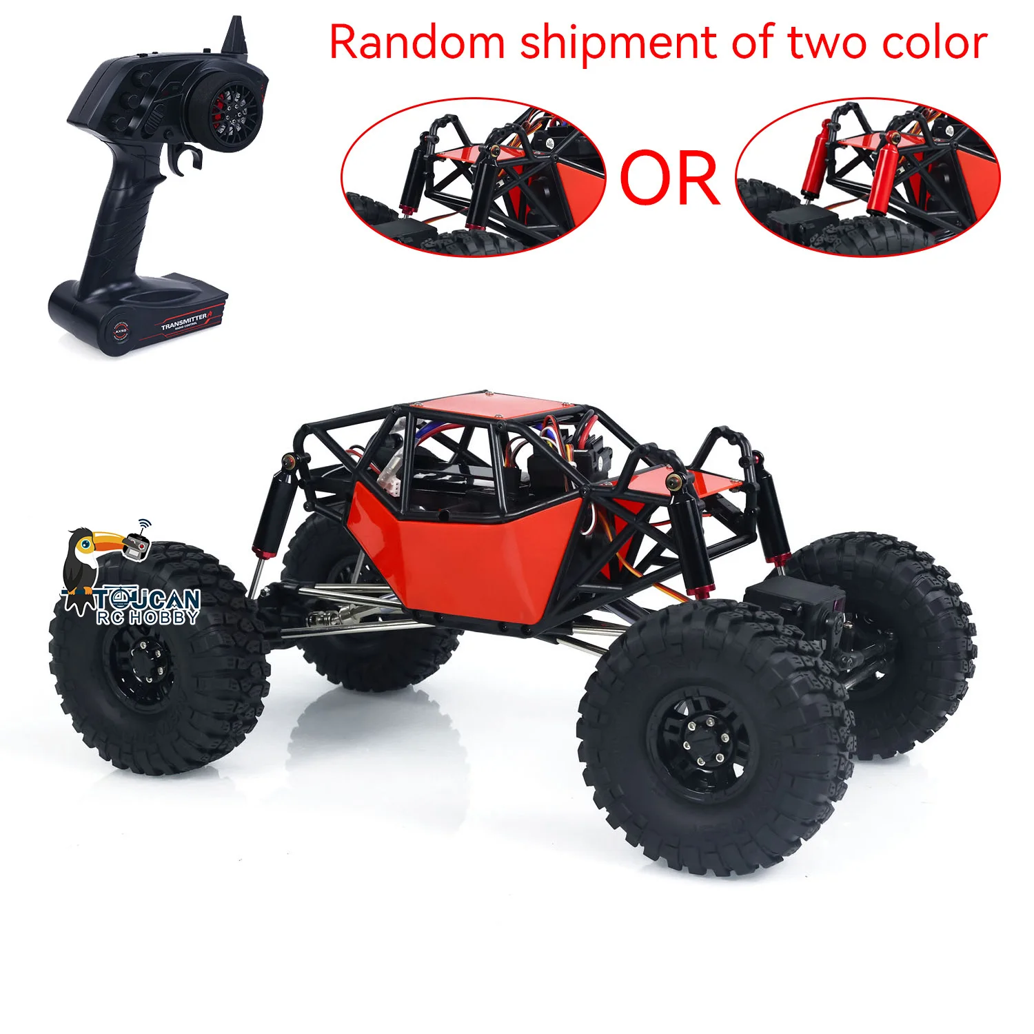 Vue de dessus du camion RC tout-terrain 1/10 4x4 RTR avec ses pneus crantés sur herbe.