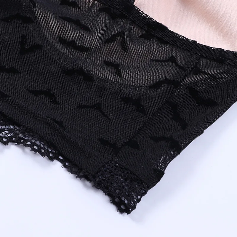 Goth Dark Mall Gothic Aesthetic Bat Flocking Emo Crop Tops For Women Grunge Sexy V-neck Camisole Punk Scalloped Lace Trim Outfit