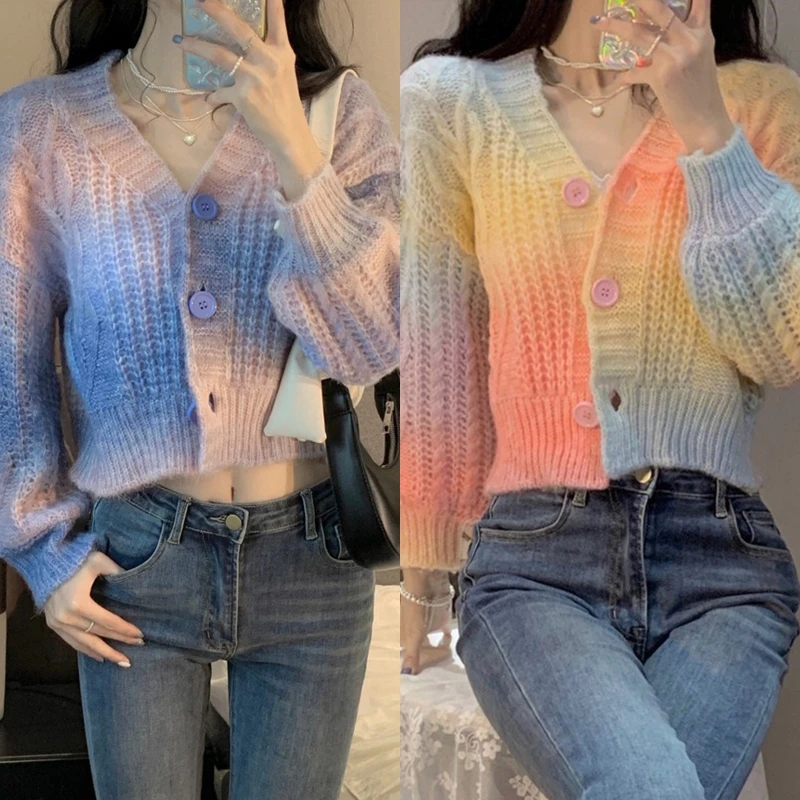 

Women's Rainbow Knitted Cardigans Long Sleeves Button Down Sweater Chic V Neck Tops Casual Autumn Winter Knitwear Coat