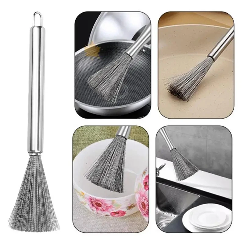 1/2PCS Stainless Steel Pan Brush Bowl Plate Long Handle Strong Decontamination Convenient Fast Sink Stove Kitchen Cleaning Tool