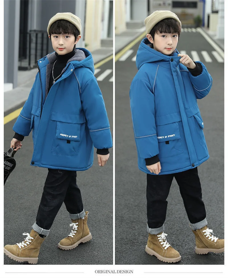 -30℃ Boys Plus Velvet Outerwear Kids Winter Thicken Warm Overcoat Children Casual Print Jacket New Teenager Clothing