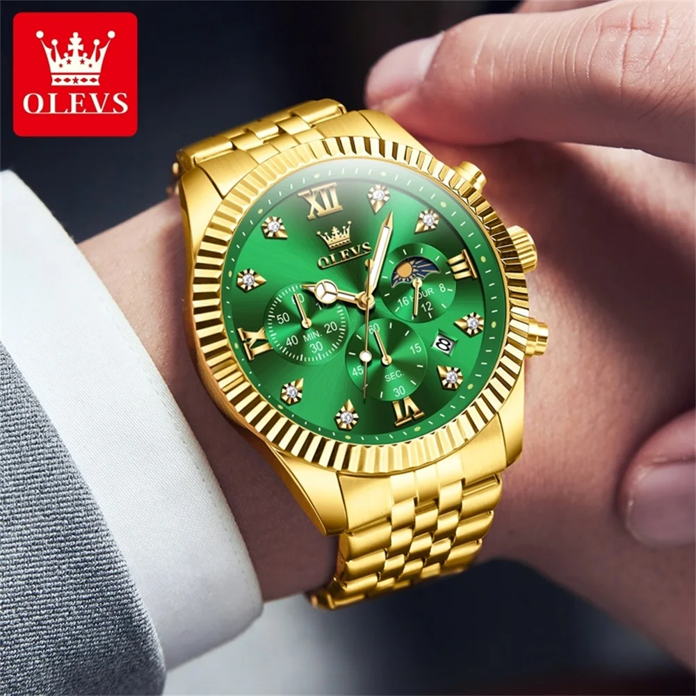 OLEVS 2932 Men's Watch 43mm Big Dial Chronograph Quartz Watch For Men Moon Phase Date 30M Waterproof Male Wristwatch Steel Strap