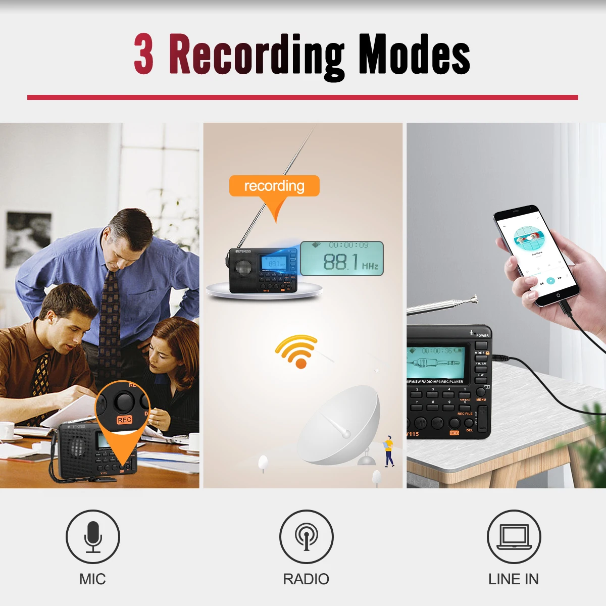 RETEKESS V115 Radio FM AM SW Portable Radios Rechargeable  Radio Batteries multiple bands  USB Recorder Speaker for Elders TX32 — view 4