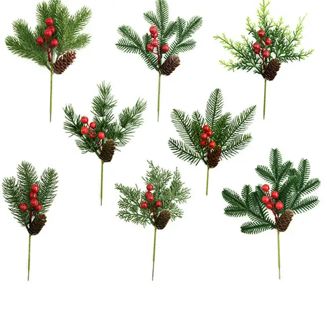 Simulation Christmas Pine Picks Stems Artificial Pine Sticks Red Berry  Stems Christmas Tree Decorations DIY Home