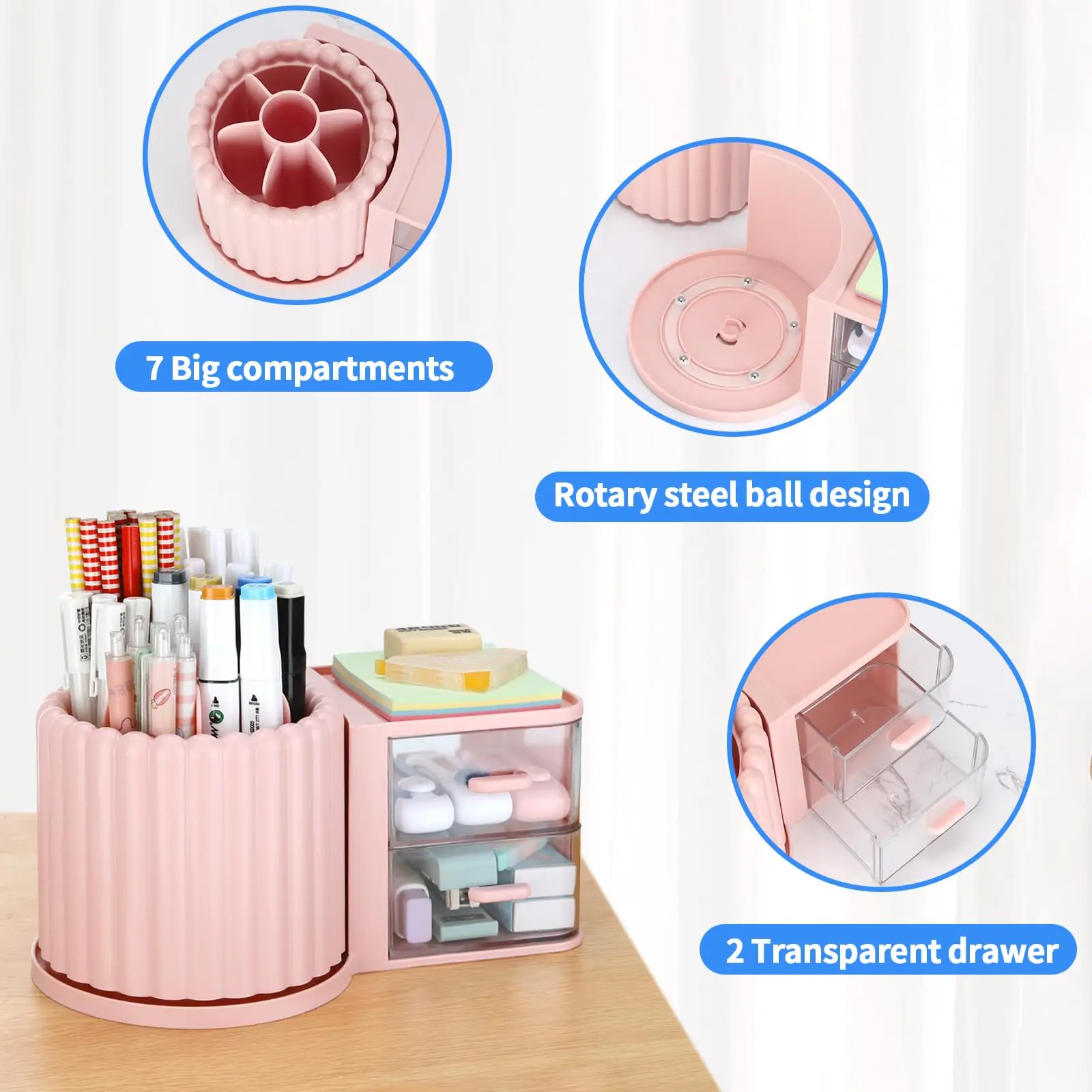 Rotating Office Desk Organizers and Accessories with 2 Drawer, Pencil Holder for Desk, Office Home Art Supplies 4