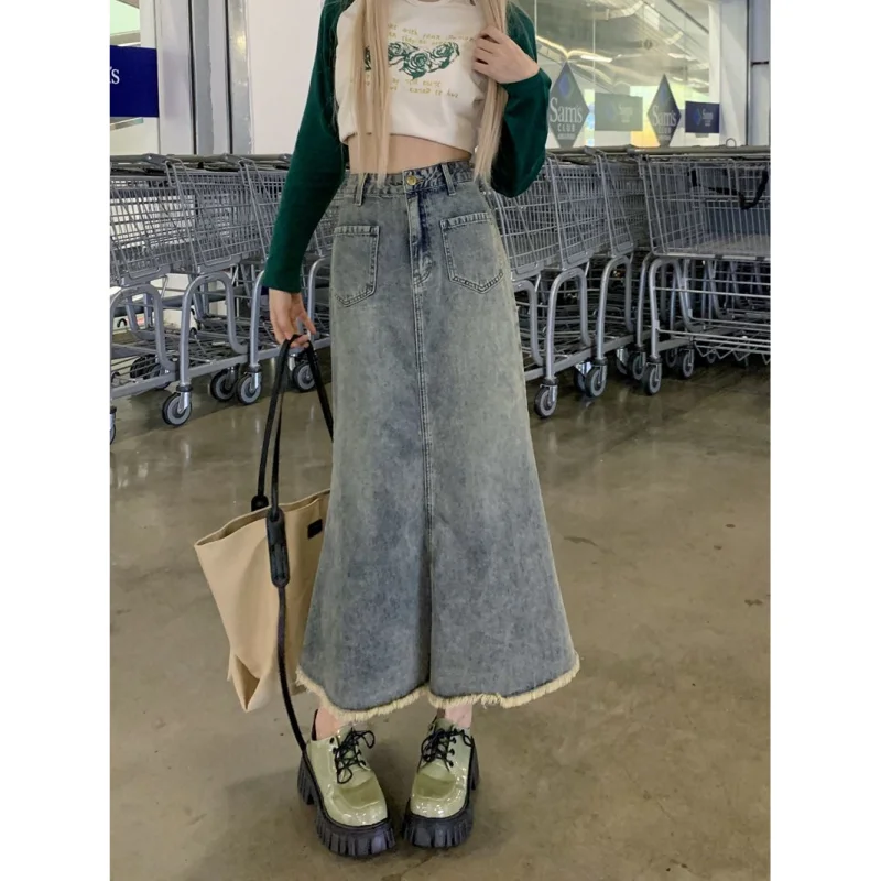 

New Fashion High Quality Washed Retro Loose Slim Slim Design High Street Denim Skirt Minor Edge Mermaid Skirt for Women