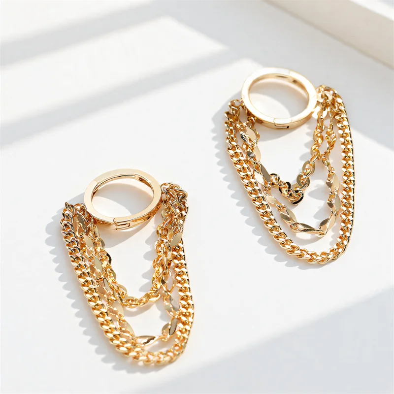 Hip Hop Punk Long Tassel Metal Chains Hoop Earrings For Women Men Vintage Black Rose Gold Silver Color Earring Jewelry Accessory