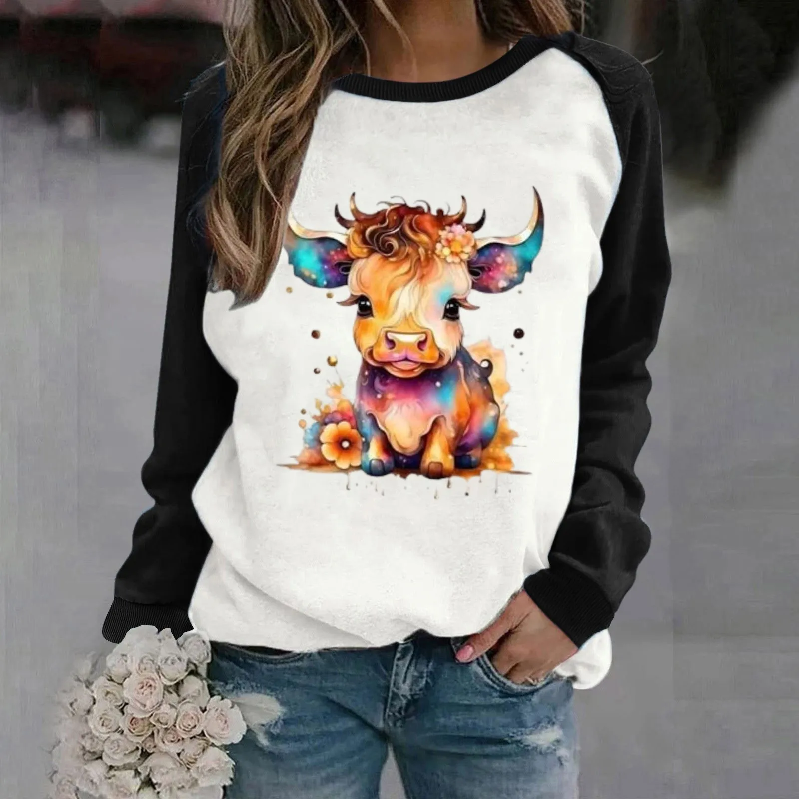 

Women'S Fashion Casual Long Sleeved Round Neck Cow Animal Cute Print Pullover Hoodie Top Hoodie Ropa Mujer Juvenil