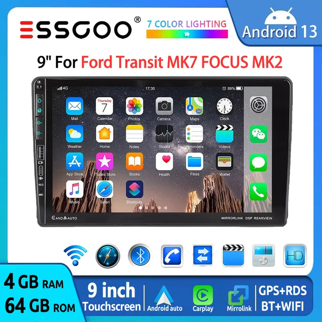ESSGOO Autoradio Android 13 9" Écran Tactile pour Ford Transit MK7 FOCUS MK2 CarPlay Sans Fil Android Auto 64 Go USB GPS Navigation WiFi Bluetooth FM RDS Mirror Link Lecteur Multimédia 1