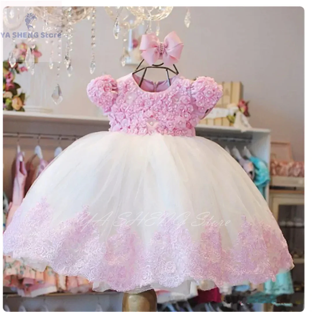 

Baby White Flower Girls Dresses Pearls Lace Baptism Flower Princess Dress Infant First Birthday Party Gown Communion Gift