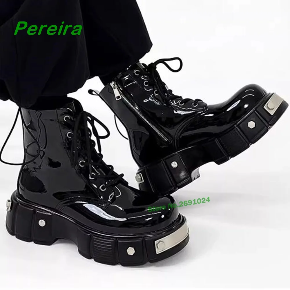 

Black Glossy Metal Motorcycle Boots Thick Soled Side Zipper Men's Chelsea Boots Male Lace Up Knight Retro Boots Platform Casual