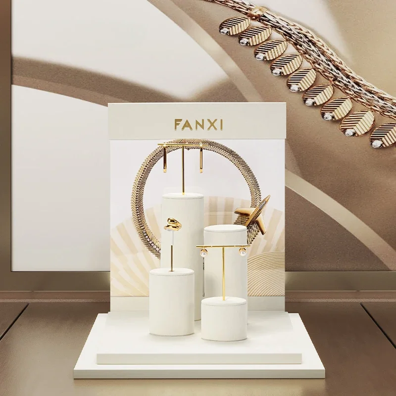 

White microfiber metal jewelry display props, high-end ring display rack, earring rack, counter jewelry display rack