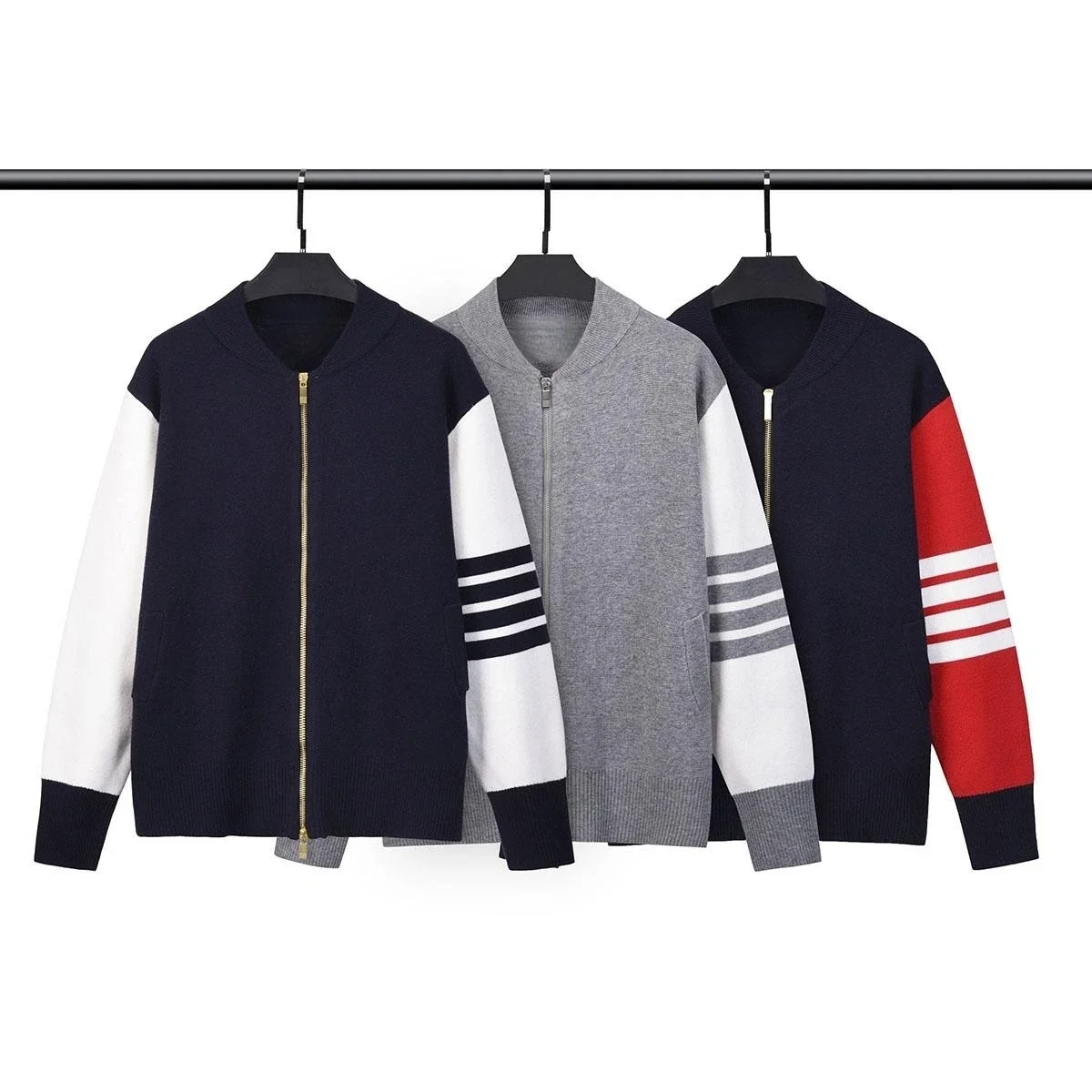 

TB THOM Men's Sweaters 2023 New In Classic Stripes Mixed Color Patchwork Varsity Jackets Casual Streetwear Bomber Jacket Sweater