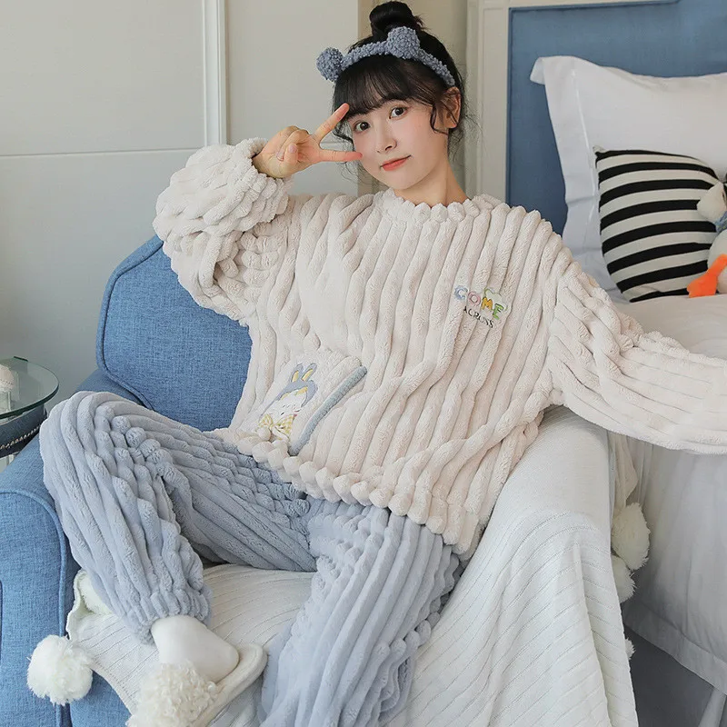 

Пуловер с круглым вырезом, Зимние очень теплые пижамные комплекты, новый пижамный комплект, женская утепленная пижама из кораллового флиса на весну и осень, домашняя одежда