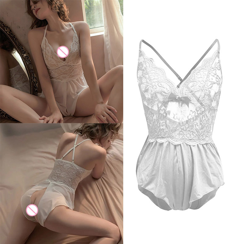 White Perspective Lace Bodysuit Deep V-Neck Sexy Lingerie For Women Open Sex Underwear Porn Babydoll Dress Erotic Costume