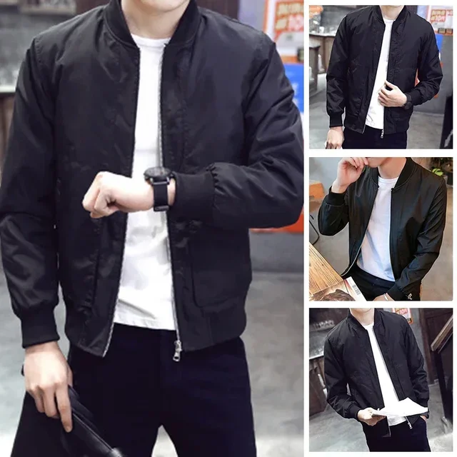 Men's Casual Black Thin Slim Fit Stand Collar Long Sleeved Round Neck Zip Up Jacket Coat Top Solid Business Fashion Men Jacket - Image 5