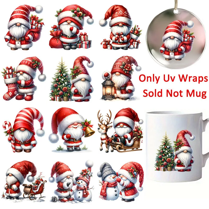 DTF Transfer Sticker 12pcs Christmas Winter Santa Claus Gnome UV DTF Cup Wrap Transfer Sticker Glass Coffee Mugs Decoration Xmas Greeting Cards Decal