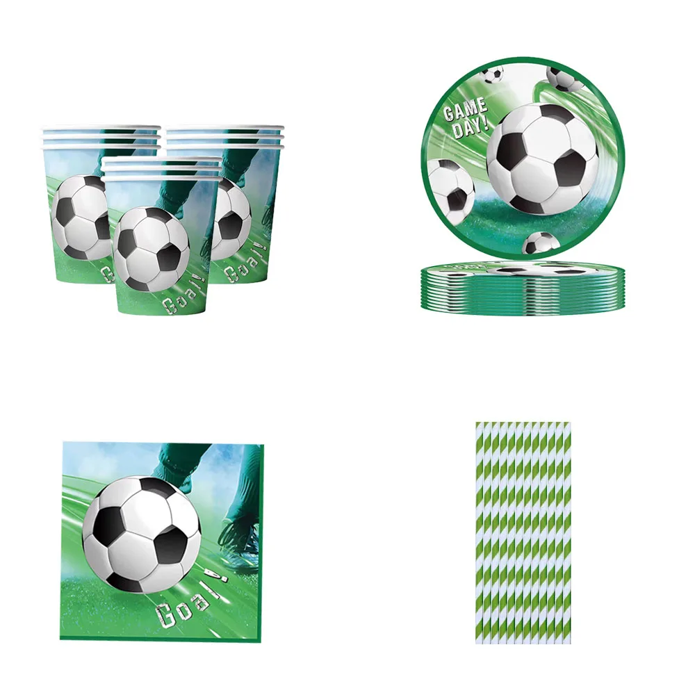 

Soccer Themed Birthday Party Supplies Disposable Paper Plates Napkins Cups Tablecloth For Sports Themed Party Decorations
