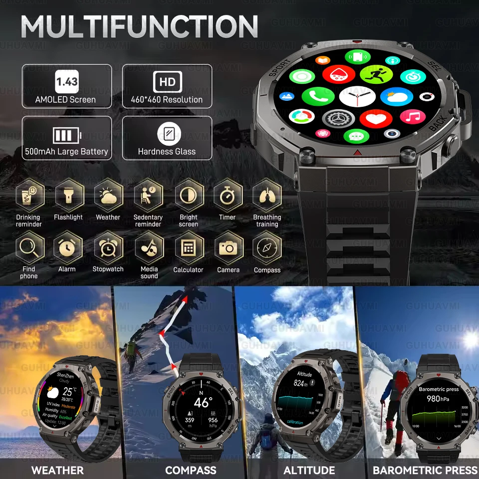 2026 New T-REX 3 Dual-Band GPS Military Smart Watch 48mm 10ATM Water-Resistant 540mAh Battery Compass Altimeter AGPS Smart Watch 5