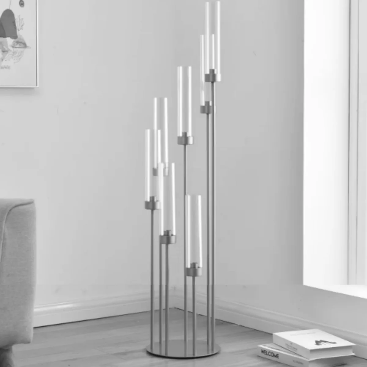 Barydat Candelabri in acrilico trasparente, portacandele a 5 bracci, con paralume in acrilico, per matrimoni, cene, feste, candele a LED da 0,87 cm, 4 pezzi