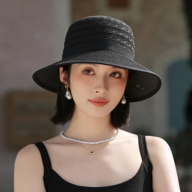 여성용 활 빨대 모자, 야외 자외선 차단 햇빛 차단 모자, 나들이 비치 버킷 햇, 한국 버전, 여름