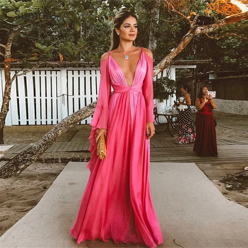 

Sumnus Deep V Neck Silk Chiffon Evening Dresses Long Sleeves A Line Beach Party Dresses Women Sexy Prom Gowns New 2022