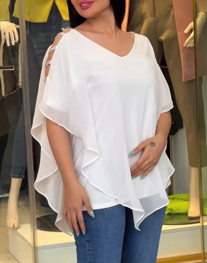 

Женская блузка с V-образным вырезом, однотонная Повседневная Элегантная блузка из двух предметов с рукавами «летучая мышь», с вырезами, лето 2024