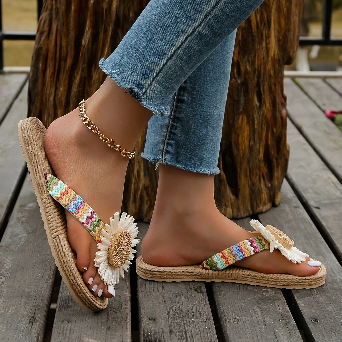 Women's fashion trend Linen Sunflower non-slip wear comfortable soft sole flat flip-flops — view 2