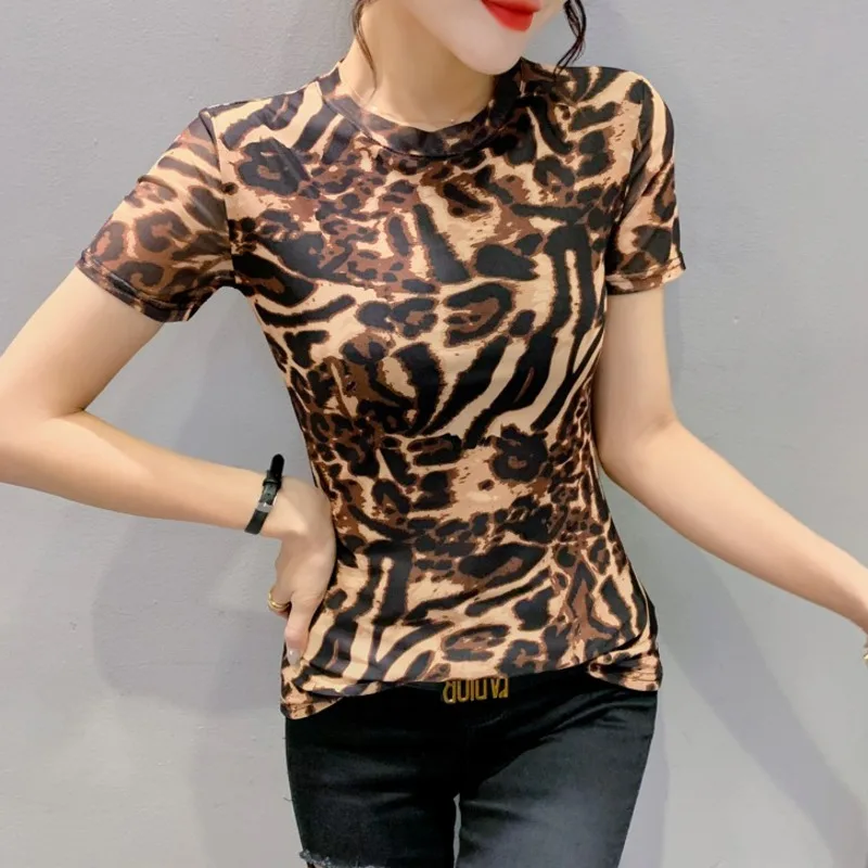 

#5282 Sexy Leopard T-shirt Femme Mesh O-neck Summer Short Sleeve Tshirt Female Skinny Korean Style Basic Top Short T-shirt Retro
