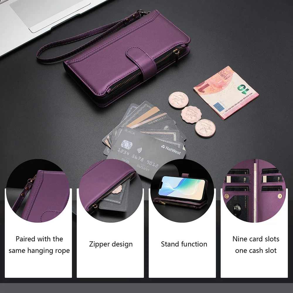 Zipper Multi-Card Wallet Flip Case with Lanyard