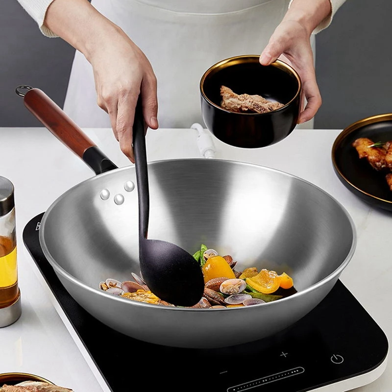 

New-30Cm Chinese Wok Uncoated Non-Stick Wok Steak And Egg Frying Pan Removable Wooden Handle Dishwasher Kitchen Cookware