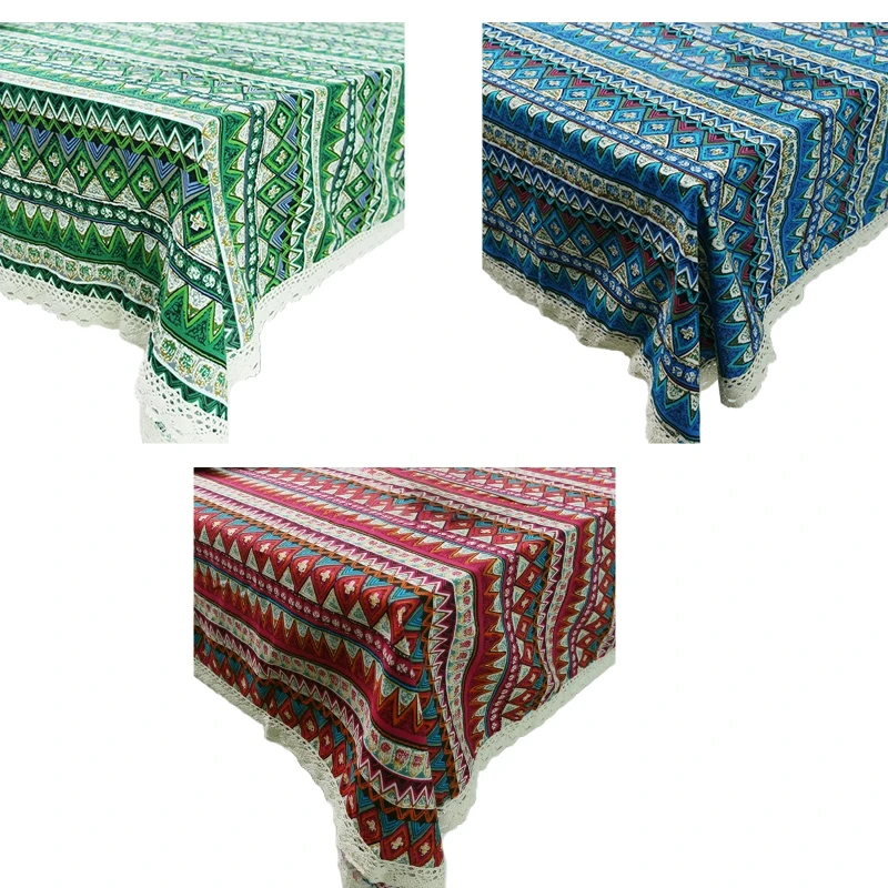 

Ethnic Vintage Cotton Linen Tablecloth Geometric Stripes Lace Table Cover