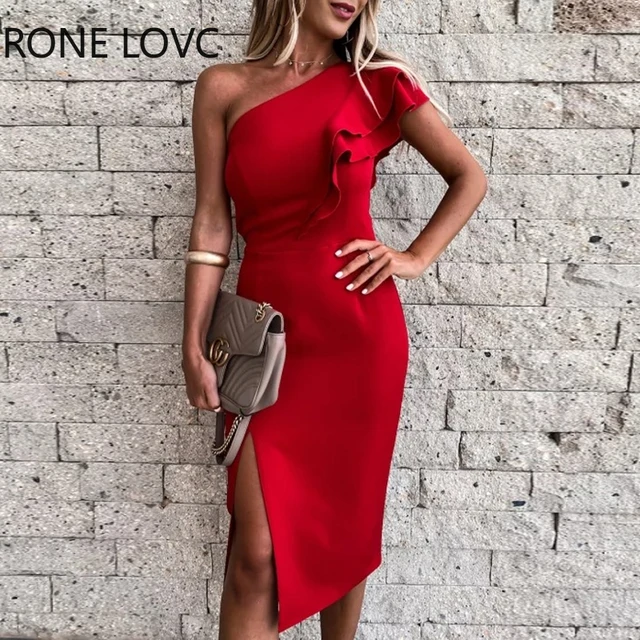 Women Solid Elegant One Shoulder Ruffle Sleeves Midi Formal Party Bodycon Red  Dresses - Dresses - AliExpress