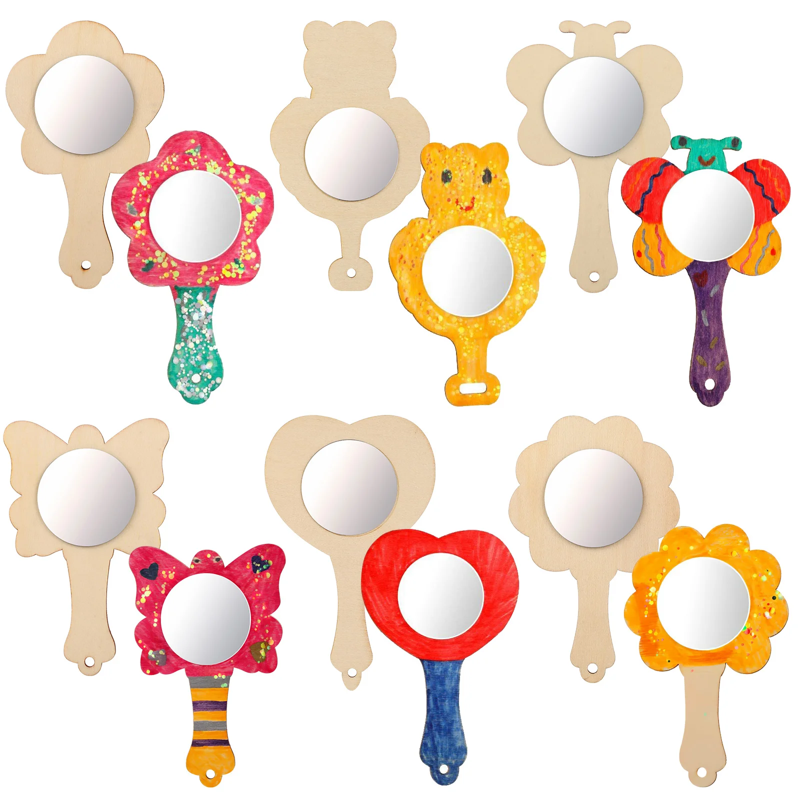 18 Pcs 나무 거울 공예 미완성 미니 휴대용 거울 그림 공예 어린이 교육 장난감 나무 관리 도구