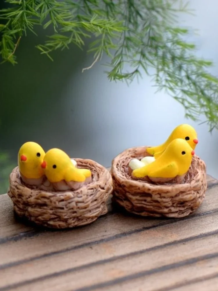 Charming Fairy Garden Resin Figurine Set with Birds and Mini Nest