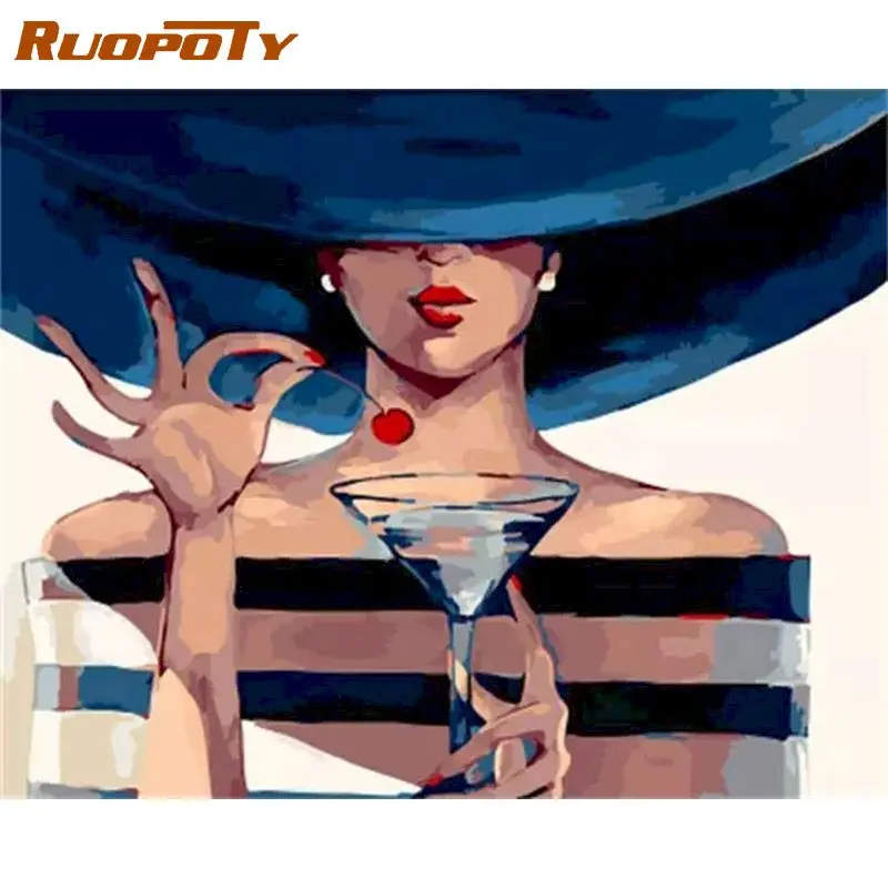 

RUOPOTY Acrylic Painting By Numbers Paint Kit Coloring By Numbers Woman With Hats Wall Art For Handiwork Gift For Adults On Canv