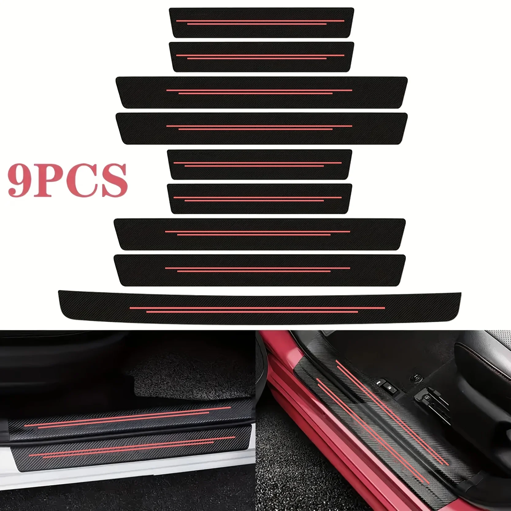9PCS 자동차 도어 실 가드 스티커 필름 긁힘 방지 카본 파이버 보호대 스커프 페달 커버 자동차 액세서리